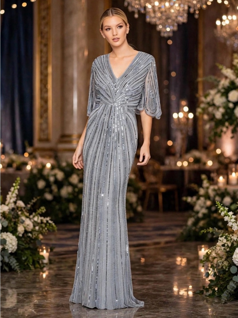 Mac Duggal SEQUINED V NECK CAPE SLEEVE COLUMN GOWN size 12 NEW $698